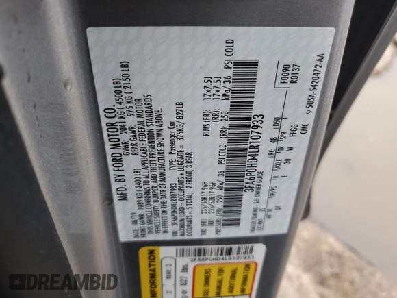 2020 Ford Fusion SE with VIN 3FA6P0HD4LR107933, listed as a Copart auction lot 81295884 with 50,860 mi miles and Salvage title. Bid and sale history available at DreamBid. Image 12.