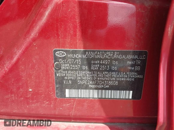 2016 Hyundai Sonata SE with VIN 5NPE24AF7GH318608, listed as a IAAI auction lot 42665235 with 64,980 mi miles and . Bid and sale history available at DreamBid. Image 9.