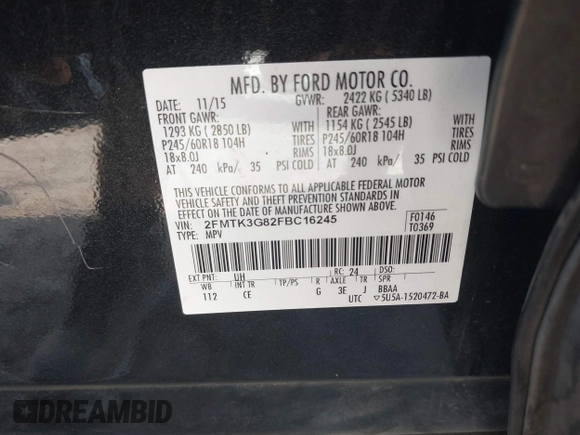 2015 Ford Edge SE with VIN 2FMTK3G82FBC16245, listed as a IAAI auction lot 42377722 with 173,452 mi miles and . Bid and sale history available at DreamBid. Image 9.