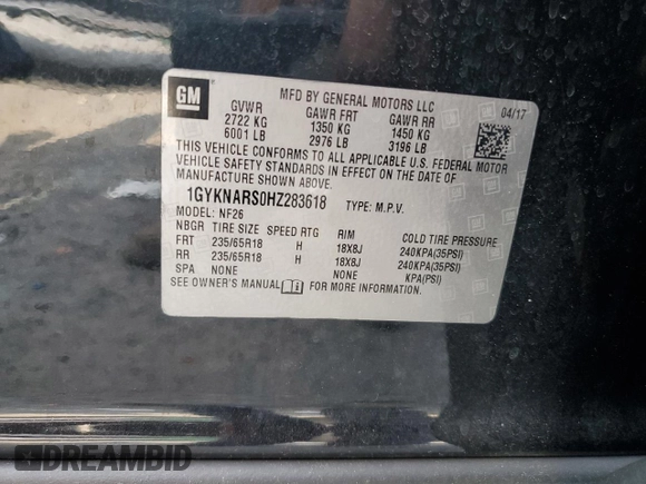 2017 Cadillac XT5 FWD with VIN 1GYKNARS0HZ283618, listed as a Copart auction lot 61640005 with 113,823 mi miles and Salvage title. Bid and sale history available at DreamBid. Image 13.