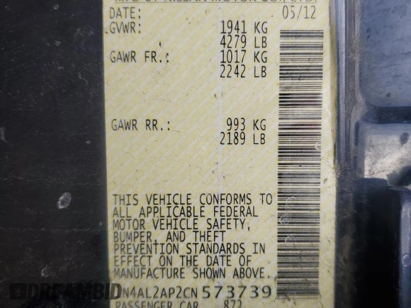 2012 Nissan Altima 2.5 with VIN 1N4AL2AP2CN573739, listed as a Copart auction lot 53970935 with 247,002 mi miles and Salvage Title. Bid and sale history available at DreamBid. Image 12.