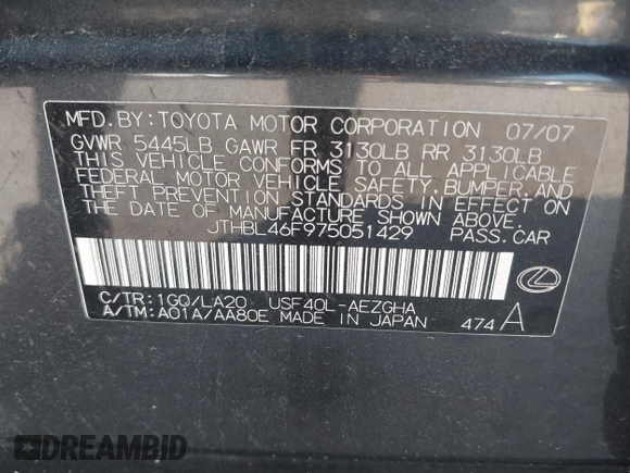 2007 Lexus LS 460 with VIN JTHBL46F975051429, listed as a IAAI auction lot 42609494 with 229,424 mi miles and . Bid and sale history available at DreamBid. Image 9.