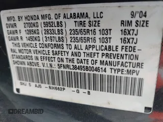 2005 Honda Odyssey EX with VIN 5FNRL38495B004614, listed as a IAAI auction lot 42128185 with 230,247 mi miles. Bid and sale history available at carsss.com. Image 9.