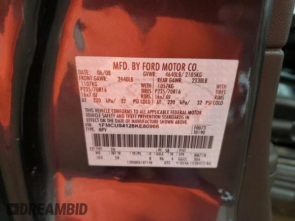 2008 Ford Escape Limited with VIN 1FMCU94128KE80966, listed as a Copart auction lot 61941815 with 141,038 mi miles and Non repairable. Bid and sale history available at DreamBid. Image 13.