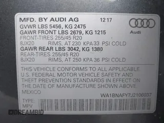 2018 Audi Q5 Premium Plus with VIN WA1BNAFY7J2106037, listed as a IAAI auction lot 41282887 with 81,170 mi miles. Bid and sale history available at carsss.com. Image 9.
