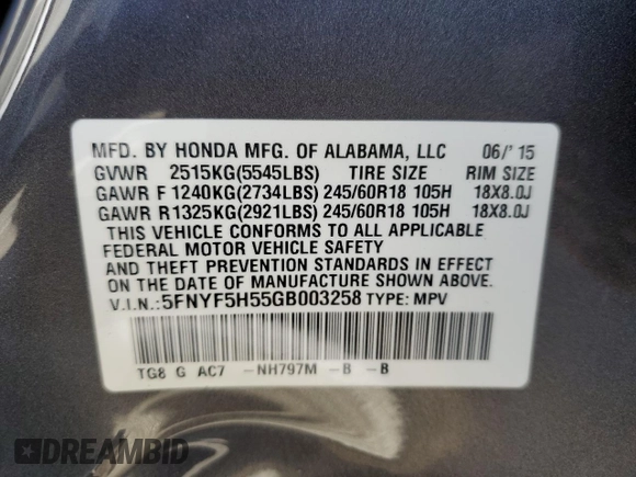 2016 Honda Pilot EX-L с VIN 5FNYF5H55GB003258, выставлен на аукционе Copart как лот 52395045 с пробегом 160 476 миль миль и Списание • Salvage title. История ставок и продаж доступна на DreamBid. Изображение 13.