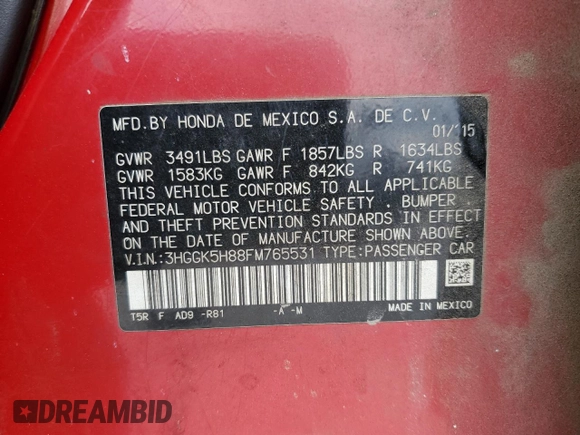 2015 Honda Fit EX-L with VIN 3HGGK5H88FM765531, listed as a Copart auction lot 55782385 with 183,207 mi miles and Salvage title. Bid and sale history available at DreamBid. Image 12.