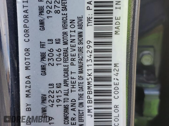 2019 Mazda Mazda3 Hatchback w/Preferred Pkg with VIN JM1BPBMM5K1134299, listed as a Copart auction lot 48898205 with 32,442 mi miles and Salvage Title. Bid and sale history available at carsss.com. Image 12.