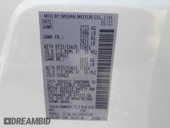 2015 Infiniti QX60 with VIN 5N1AL0MM4FC529446, listed as a IAAI auction lot 42367041 with 116,481 mi miles and . Bid and sale history available at DreamBid. Image 9.