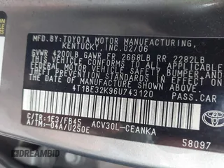 2006 Toyota Camry STD with VIN 4T1BE32K96U743120, listed as a IAAI auction lot 41865599 with 277,608 mi miles. Bid and sale history available at carsss.com. Image 9.