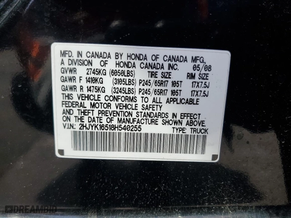 2008 Honda Ridgeline RTL with VIN 2HJYK16518H540255, listed as a Copart auction lot 50559015 with 118,793 mi miles and Salvage Title. Bid and sale history available at carsss.com. Image 13.