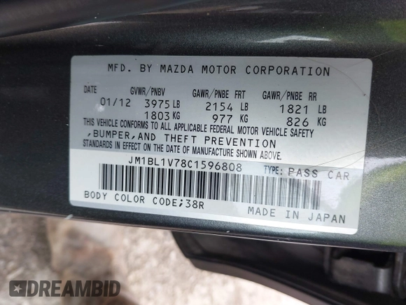 2012 Mazda 3 i Touring with VIN JM1BL1V78C1596808, listed as a IAAI auction lot 42004109 with Not Provided miles and . Bid and sale history available at DreamBid. Image 9.