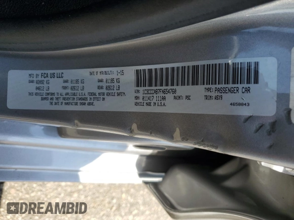 2015 Chrysler 200 Limited with VIN 1C3CCCAB7FN654760, listed as a Copart auction lot 52393095 with 180,187 mi miles and Salvage Title. Bid and sale history available at carsss.com. Image 12.
