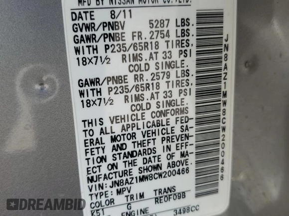 2012 Nissan Murano SV with VIN JN8AZ1MW8CW200466, listed as a Copart auction lot 50579075 with 147,303 mi miles and Salvage Title. Bid and sale history available at DreamBid. Image 13.