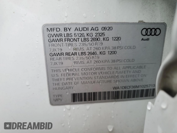 2021 Audi Q3 S line Premium with VIN WA1DECF36M1025713, listed as a Copart auction lot 55221215 with Not provided miles and Salvage title. Bid and sale history available at DreamBid. Image 14.