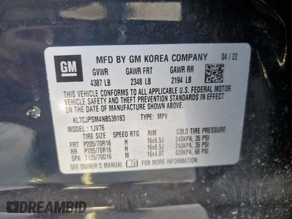 2022 Chevrolet Trax LT with VIN KL7CJPSM4NB539183, listed as a Copart auction lot 53267095 with 54,987 mi miles and Clean title. Bid and sale history available at DreamBid. Image 13.