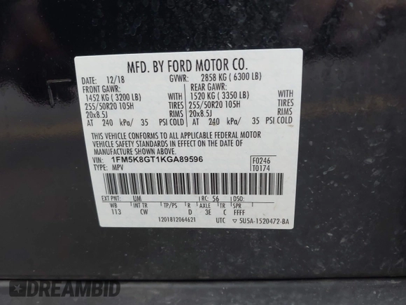 2019 Ford Explorer Sport с VIN 1FM5K8GT1KGA89596, выставлен на аукционе IAAI как лот 42577257 с пробегом 74 479 миль миль и . История ставок и продаж доступна на DreamBid. Изображение 9.