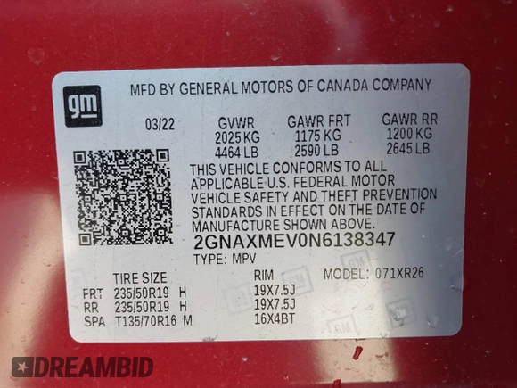 2022 Chevrolet Equinox RS with VIN 2GNAXMEV0N6138347, listed as a IAAI auction lot 41655277 with 26,526 mi miles and . Bid and sale history available at DreamBid. Image 9.