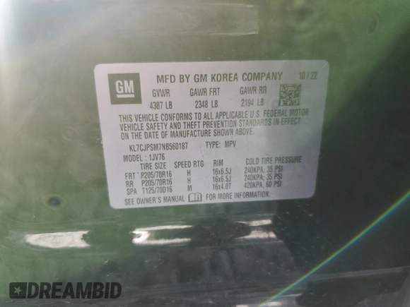 2022 Chevrolet Trax LT with VIN KL7CJPSM7NB560187, listed as a Copart auction lot 47693565 with 21,263 mi miles and Salvage title. Bid and sale history available at DreamBid. Image 13.