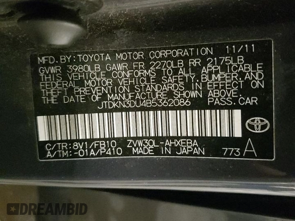 2011 Toyota Prius I with VIN JTDKN3DU4B5362086, listed as a Copart auction lot 53468955 with 181,917 mi miles and Salvage Title. Bid and sale history available at carsss.com. Image 12.