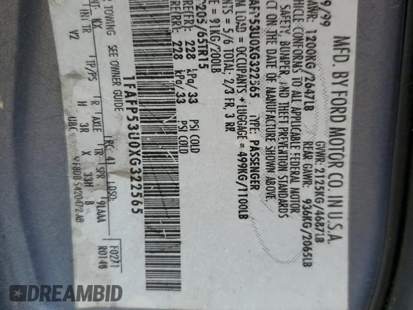 1999 Ford Taurus SE z VIN 1FAFP53U0XG322565, wystawiony jako Copart lot #54560285 z przebiegiem 164 300 mil mil oraz Szkoda całkowita • Salvage title. Historia ofert i sprzedaży dostępna na DreamBid. Obrazek 12.