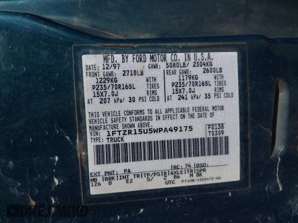 1998 Ford Ranger XL with VIN 1FTZR15U5WPA49175, listed as a IAAI auction lot 42101179 with 260,998 mi miles. Bid and sale history available at carsss.com. Image 9.