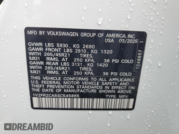 2025 Volkswagen Atlas SE with VIN 1V2FR2CA5SC545885, listed as a Copart auction lot 56670505 with 1,772 mi miles and Salvage title. Bid and sale history available at DreamBid. Image 13.