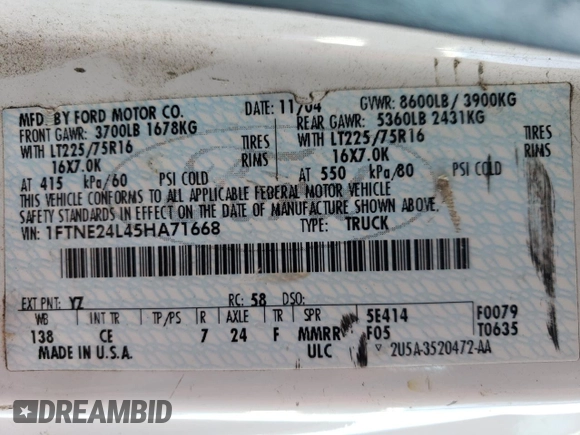 2005 Ford Econoline Cargo with VIN 1FTNE24L45HA71668, listed as a Copart auction lot 87246594 with Not Provided miles and Clean Title. Bid and sale history available at carsss.com. Image 13.