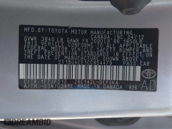 2012 Toyota Corolla L with VIN 2T1BU4EE1CC854479, listed as a IAAI auction lot 42101937 with 95,390 mi miles and . Bid and sale history available at DreamBid. Image 9.