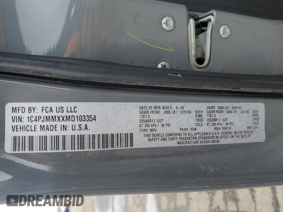 2021 Jeep Cherokee Latitude Lux with VIN 1C4PJMMXXMD103354, listed as a Copart auction lot 55296805 with 53,220 mi miles and Non repairable. Bid and sale history available at DreamBid. Image 13.