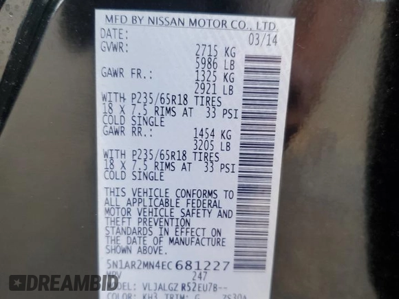 2014 Nissan Pathfinder SL z VIN 5N1AR2MN4EC681227, wystawiony jako Copart lot #60925795 z przebiegiem 103 665 mil mil oraz Czysty tytuł • Clean title. Historia ofert i sprzedaży dostępna na DreamBid. Obrazek 13.
