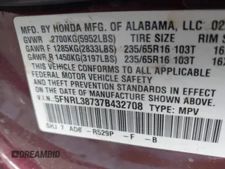 2007 Honda Odyssey EX-L with VIN 5FNRL38737B432708, listed as a IAAI auction lot 42116022 with 312,934 mi miles. Bid and sale history available at carsss.com. Image 9.