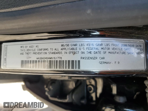 1998 Audi A6 with VIN WAUBA24B4WN161778, listed as a Copart auction lot 47308585 with 142,799 mi miles and Salvage Title. Bid and sale history available at carsss.com. Image 14.