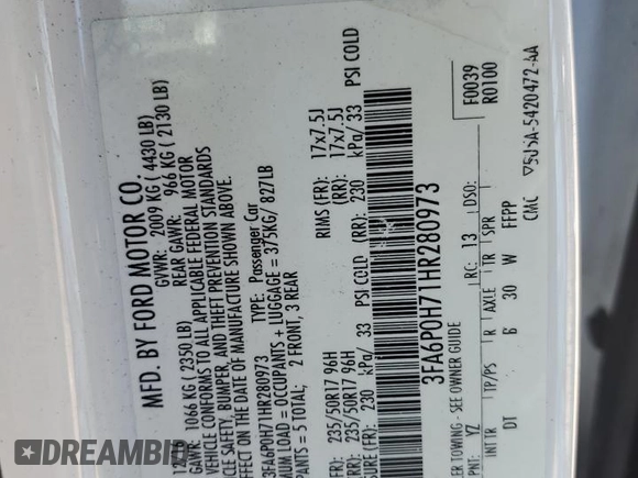 2017 Ford Fusion SE with VIN 3FA6P0H71HR280973, listed as a Copart auction lot 55874795 with 55,501 mi miles and Salvage title. Bid and sale history available at DreamBid. Image 12.