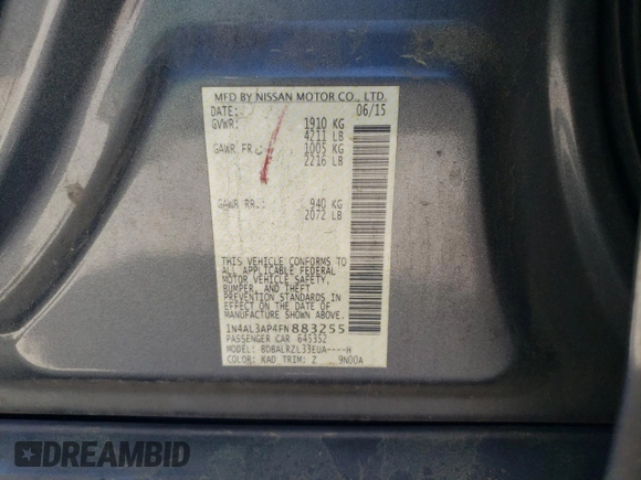 2015 Nissan Altima S with VIN 1N4AL3AP4FN883255, listed as a Copart auction lot 52105205 with 209,720 mi miles and Non Repairable. Bid and sale history available at DreamBid. Image 12.