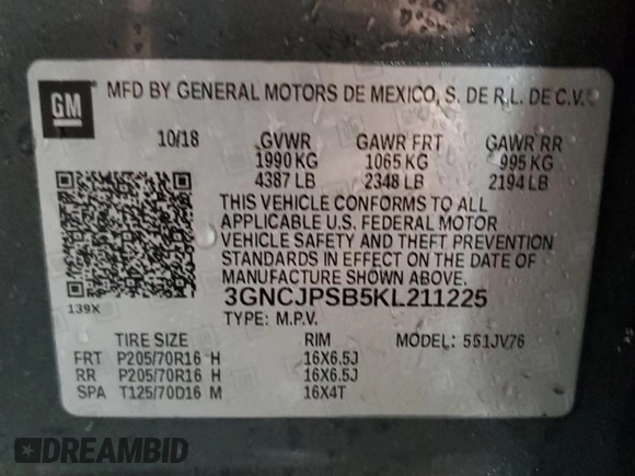 2019 Chevrolet Trax LT with VIN 3GNCJPSB5KL211225, listed as a Copart auction lot 51472685 with 99,099 mi miles and Salvage Title. Bid and sale history available at carsss.com. Image 14.