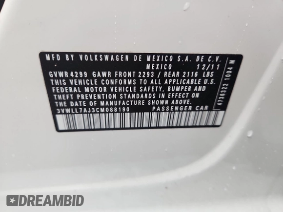 2012 Volkswagen Jetta TDI w/Premium & Nav с VIN 3VWLL7AJ3CM088190, выставлен на аукционе Copart как лот 63841905 с пробегом Не указан миль и Списание • Salvage title. История ставок и продаж доступна на DreamBid. Изображение 12.