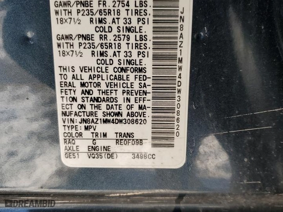2013 Nissan Murano SL with VIN JN8AZ1MW4DW308620, listed as a Copart auction lot 86963814 with 130,652 mi miles and Salvage Title. Bid and sale history available at carsss.com. Image 13.