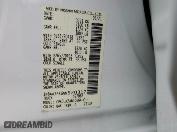 2021 Nissan Titan S с VIN 1N6AA1EE6MN520317, выставлен на аукционе Copart как лот 76320344 с пробегом 24 950 миль миль и Списание • Salvage title. История ставок и продаж доступна на DreamBid. Изображение 12.
