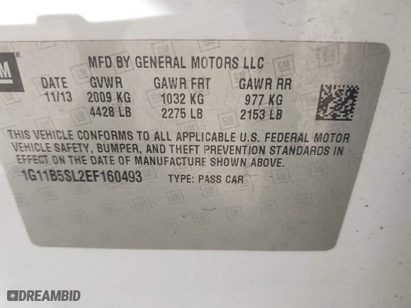 2014 Chevrolet Malibu LS with VIN 1G11B5SL2EF160493, listed as a IAAI auction lot 41599540 with 93,054 mi miles. Bid and sale history available at carsss.com. Image 9.