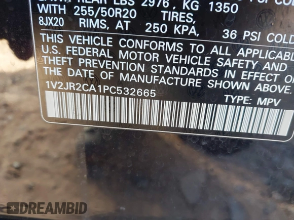 2023 Volkswagen Atlas SE with VIN 1V2JR2CA1PC532665, listed as a IAAI auction lot 41698530 with 40,862 mi miles and . Bid and sale history available at DreamBid. Image 9.