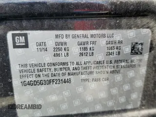 2015 Buick LaCrosse Premium I with VIN 1G4GD5G30FF231448, listed as a Copart auction lot 49831065 with 186,580 mi miles and Salvage Title. Bid and sale history available at carsss.com. Image 12.