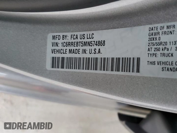 2021 Ram 1500 Big Horn with VIN 1C6RREBT5MN574868, listed as a Copart auction lot 56303495 with 119,058 mi miles and Salvage title. Bid and sale history available at DreamBid. Image 12.