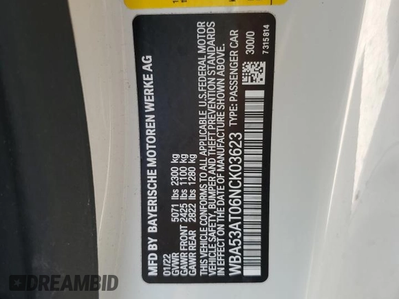 2022 BMW 4 Series M440i with VIN WBA53AT06NCK03623, listed as a Copart auction lot 76490964 with Not provided miles and Salvage title. Bid and sale history available at DreamBid. Image 13.