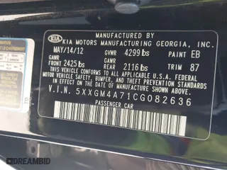 2012 Kia Optima LX with VIN 5XXGM4A71CG082636, listed as a IAAI auction lot 41862116 with 141,753 mi miles. Bid and sale history available at carsss.com. Image 9.