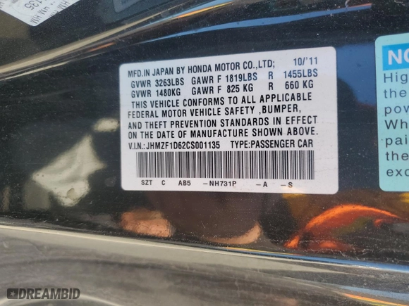 2012 Honda CR-Z EX with VIN JHMZF1D62CS001135, listed as a Copart auction lot 46236445 with 154,288 mi miles and Salvage Title. Bid and sale history available at carsss.com. Image 14.