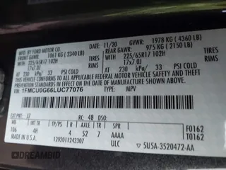 2020 Ford Escape SE with VIN 1FMCU0G66LUC77076, listed as a IAAI auction lot 41928130 with 61,637 mi miles and . Bid and sale history available at carsss.com. Image 9.
