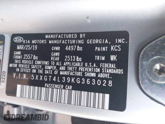 2019 Kia Optima LX with VIN 5XXGT4L39KG363028, listed as a IAAI auction lot 41469740 with 64,321 mi miles. Bid and sale history available at carsss.com. Image 9.