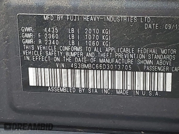 2013 Subaru Legacy Premium with VIN 4S3BMBC66D3013705, listed as a IAAI auction lot 42040793 with 150,978 mi miles and . Bid and sale history available at carsss.com. Image 9.