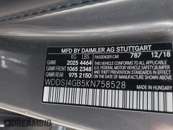 2019 Mercedes-Benz CLA 250 with VIN WDDSJ4GB5KN758528, listed as a IAAI auction lot 39935376 with 13,790 mi miles and . Bid and sale history available at DreamBid. Image 9.